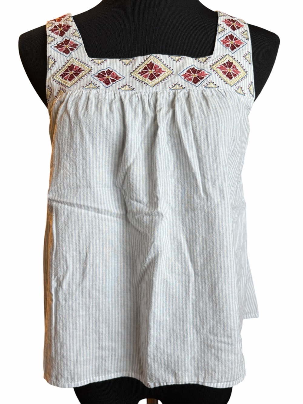 Madewell Embroidered Stripe Tank Top Small Blue White Boho Cotton Sleeveless